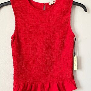 NWT Liberty Red Smocked Knit Rib Sleeveless Peplum Tank Size Medium
